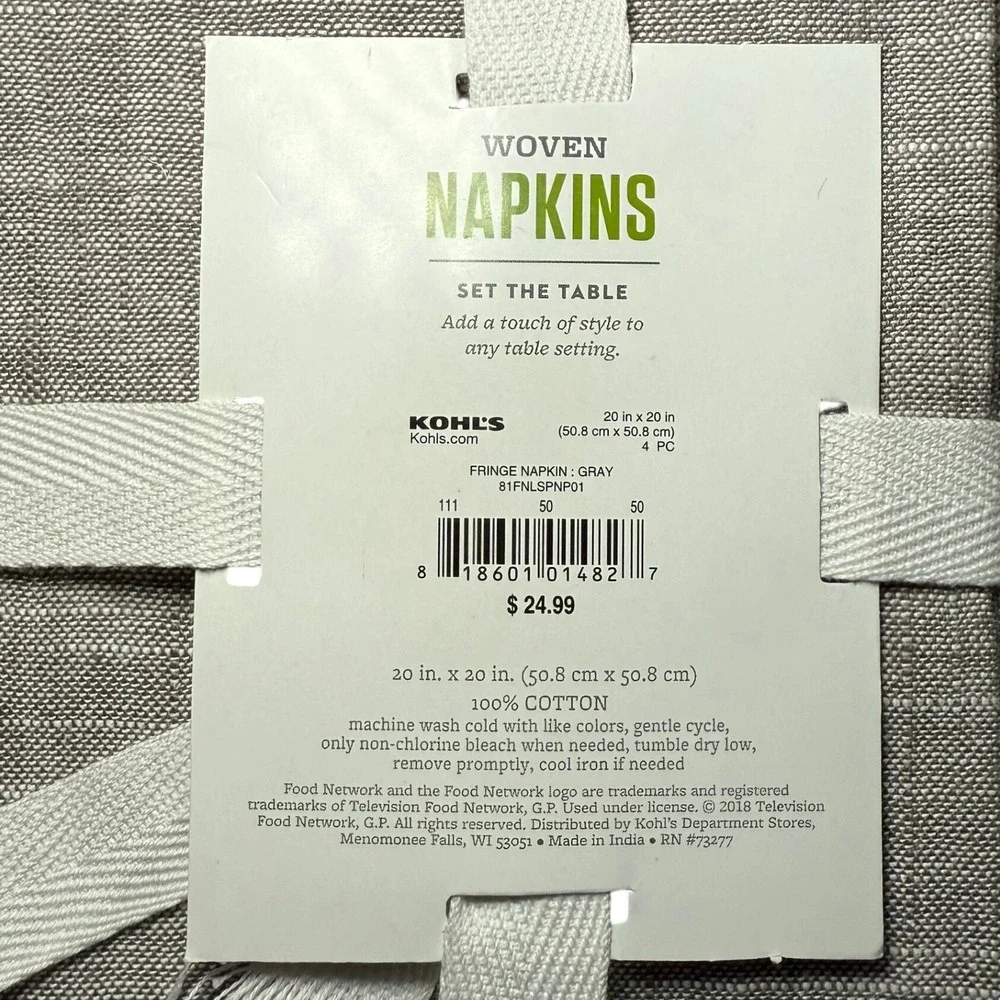 Food Network Woven Fringe Cotton Napkins Gray Set of 4 (x2) 8 Total‎ New NWT